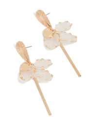 Showcasing statement drop earrings with bar accents and petal design in gold and white front view - link has visual effect only