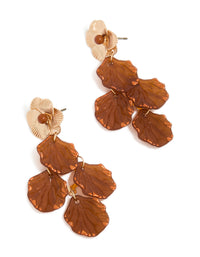 Featuring gold cognac brown petal drop stud earrings with charm details, floral design front view - link has visual effect only