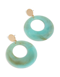 Presenting these statement drop earrings with aqua open circles and gold accents front view - link has visual effect only