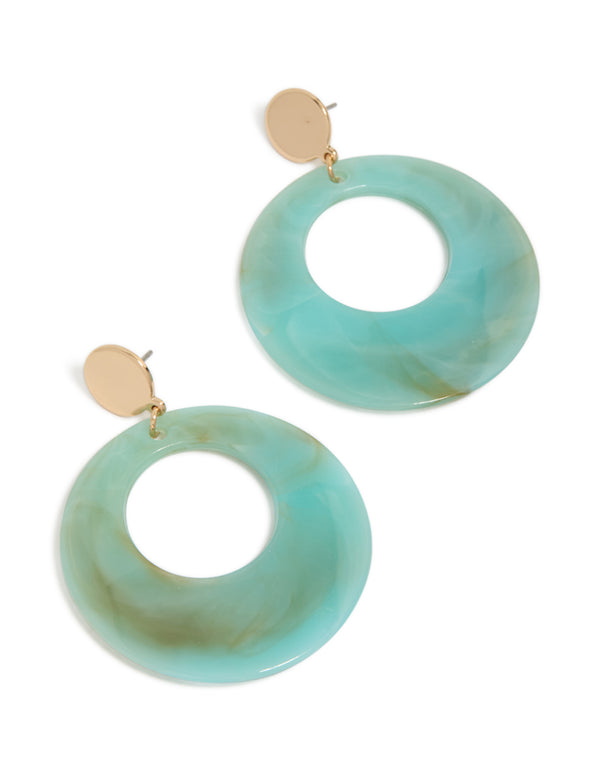 Presenting these statement drop earrings with aqua open circles and gold accents front view