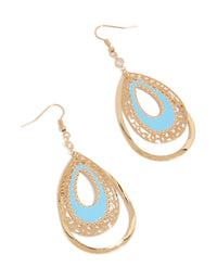 Showcasing statement gold and aqua layered teardrop drop earrings in front view - link has visual effect only