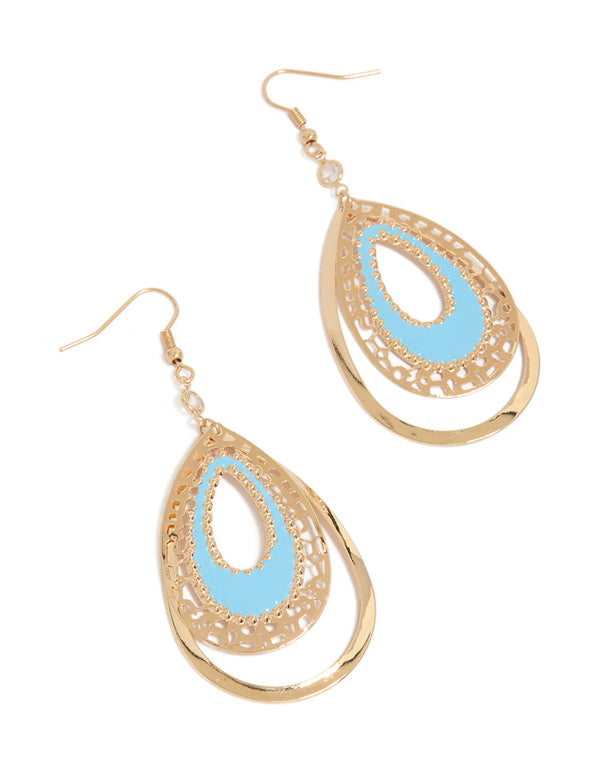 Showcasing statement gold and aqua layered teardrop drop earrings in front view