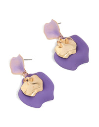 Showcasing gold double purple petal drop earrings in lavender and medium purple front view - link has visual effect only