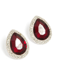 Elegant teardrop stud earrings with red diamante center stone and silver outline featuring stud closure front view - link has visual effect only
