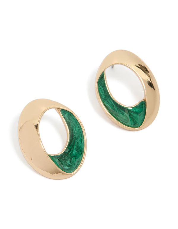 Showcasing gold green enamel twist earrings in a forest green hue front view