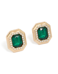 Showcasing gold green diamante rectangle stud earrings with clear embellishments front view - link has visual effect only