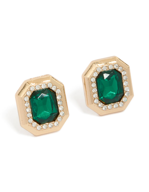 Showcasing gold green diamante rectangle stud earrings with clear embellishments front view