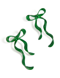 Showcasing green coated metal dangle bow stud earrings with decorative ribbons front view - link has visual effect only