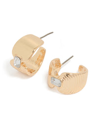 Elegant gold hourglass diamante huggie earrings featuring textured detailing and clear gemstone accents front view - link has visual effect only