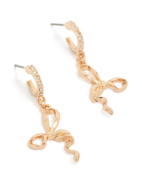 Beautifully crafted gold diamante bow huggie earrings front view - link has visual effect only