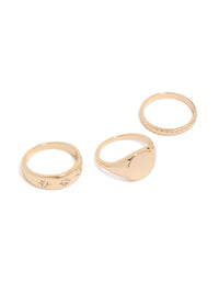 Showcasing celestial star signet rings in gold with a 3-pack set front view - link has visual effect only