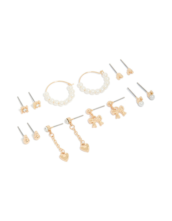 Gold Pearl Heart & Bow Earrings 7-Pack