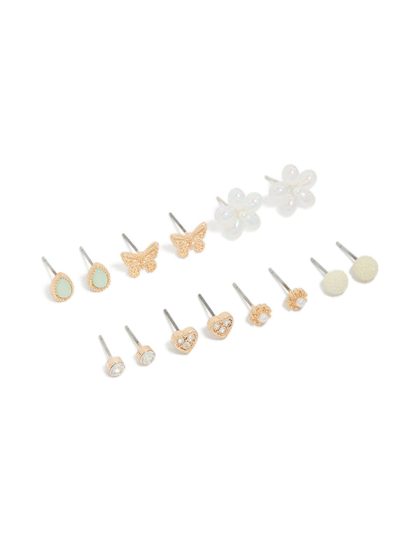 Featuring gold diamante and pearl flower earrings in a 7-pack with butterfly details and stud closure front view