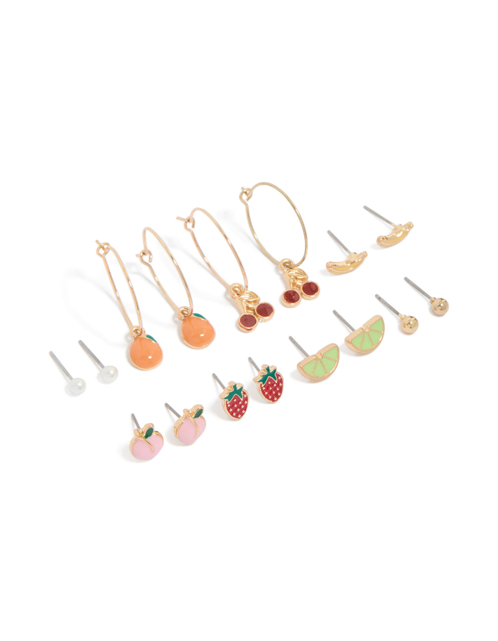 Showcasing gold fruits stud and hoop earrings 8-pack featuring pearl and ball elements in gold, coral red limegreen front view