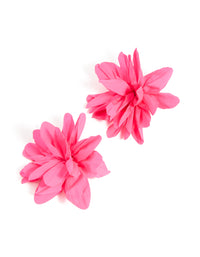Showcasing statement floral fabric flower petal earrings in gold and pink front view - link has visual effect only