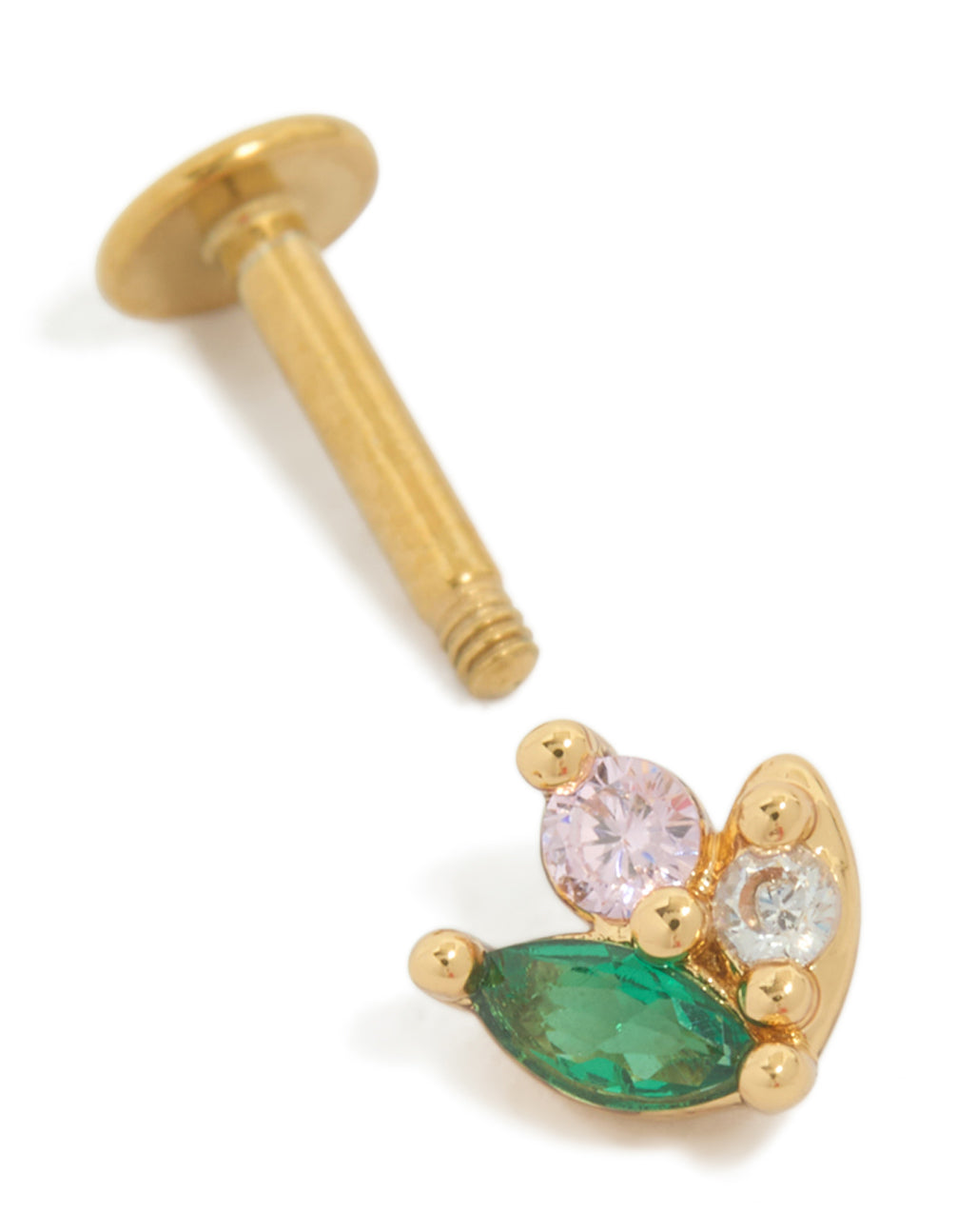 Crafted from gold plated surgical steel green cubic zirconia cluster single flat back stud with pink and clear stones post detail view