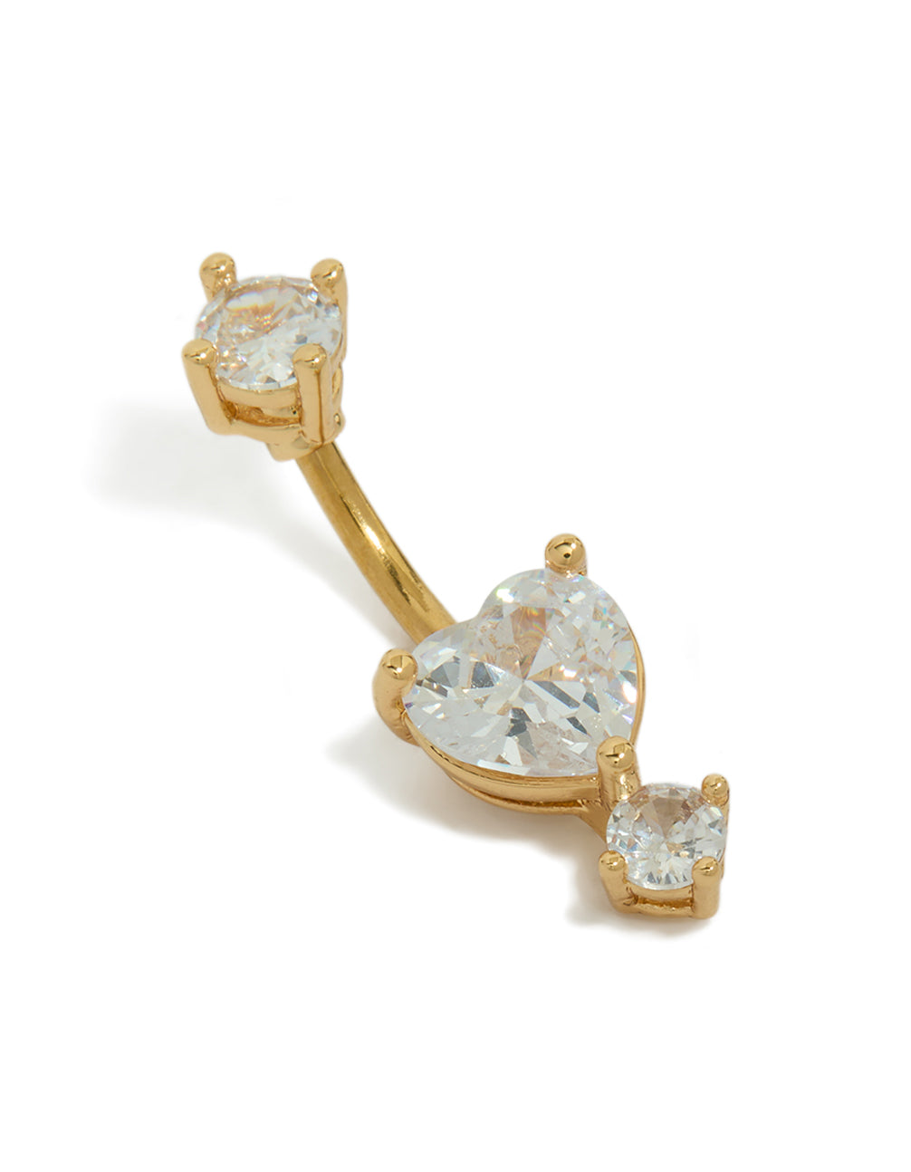 Showcasing a heart diamond belly bar crafted from gold plated surgical steel with cubic zirconia in clear front view