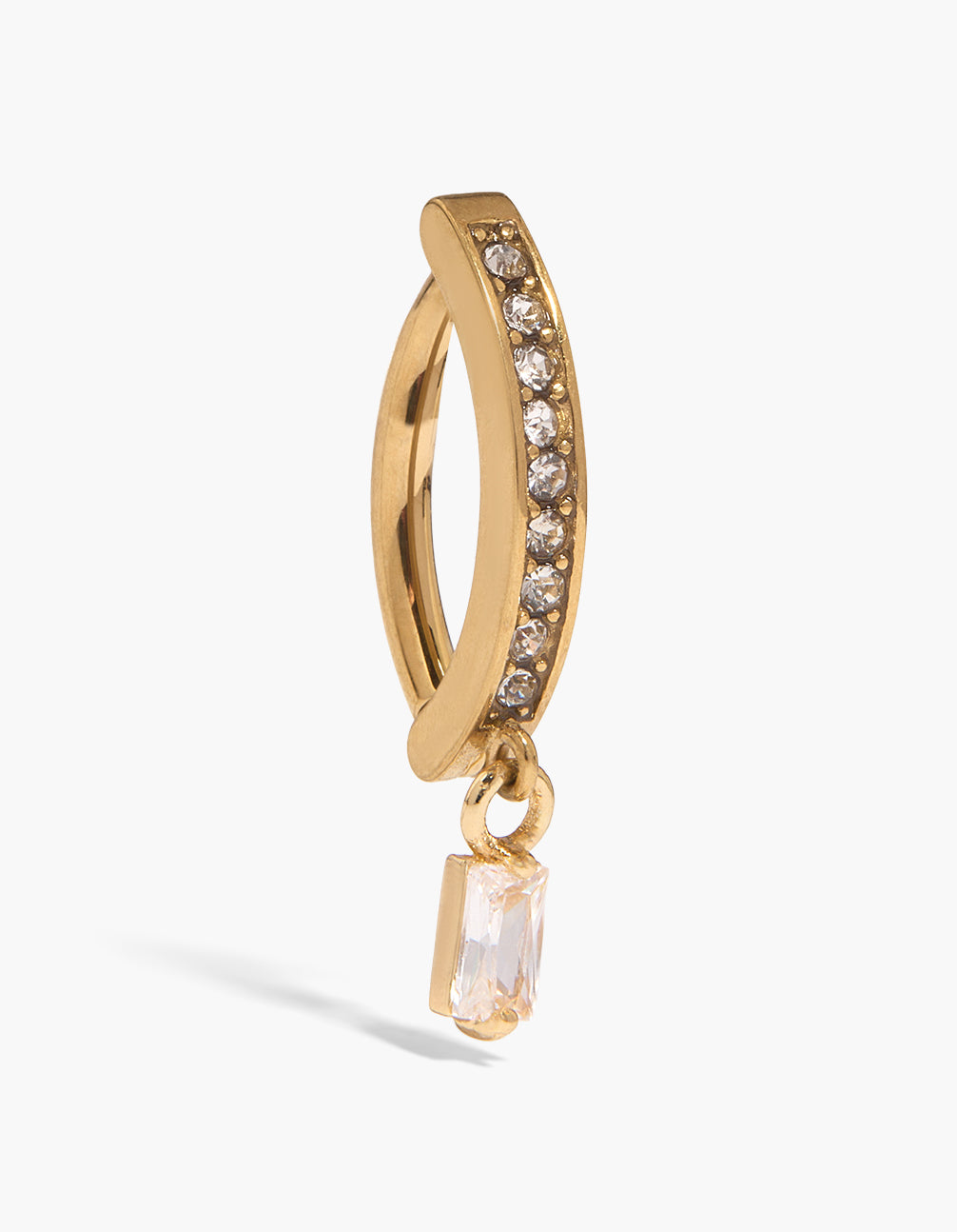 Showcasing a charm cubic zirconia gold plated surgical steel curved and square drop belly ring front view