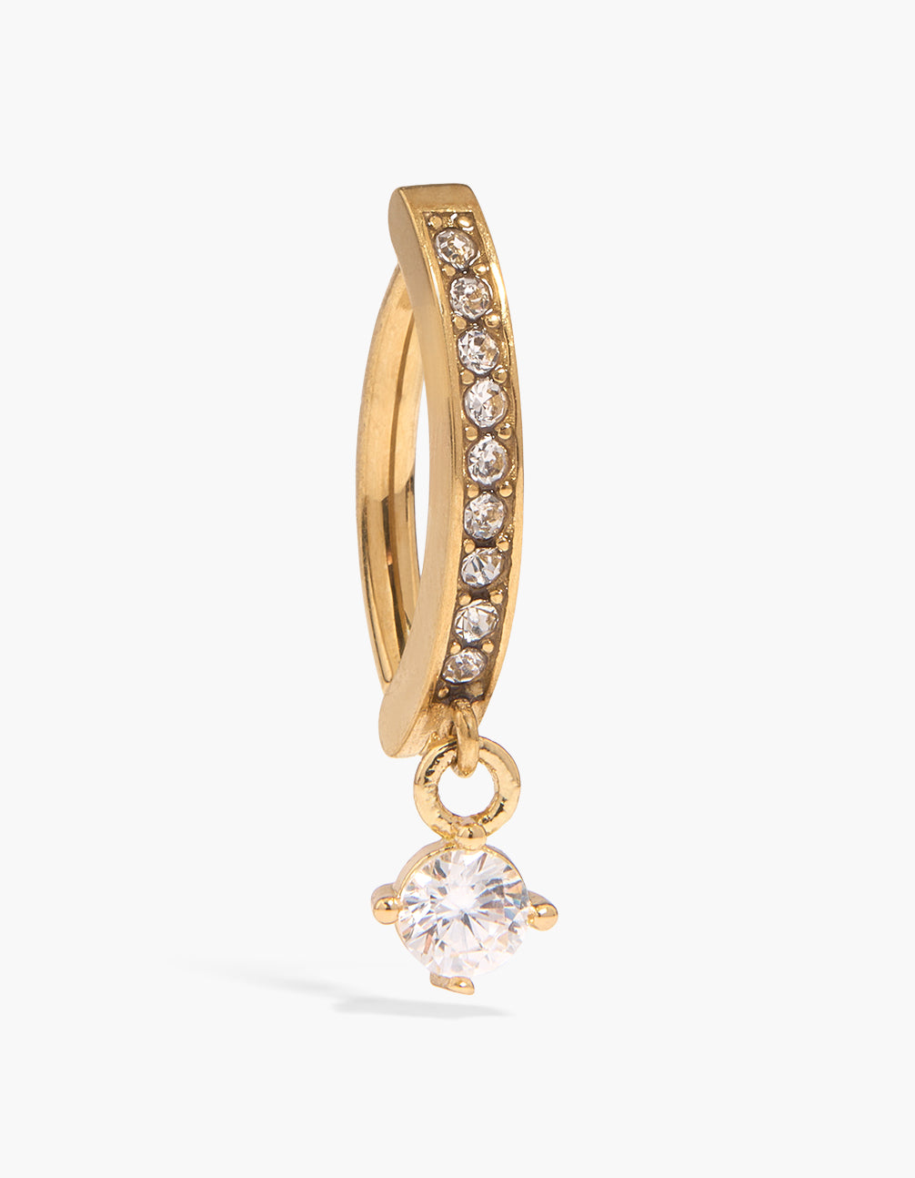 Showcasing a gold plated surgical steel curved circle drop belly ring with charm featuring cubic zirconia detail view