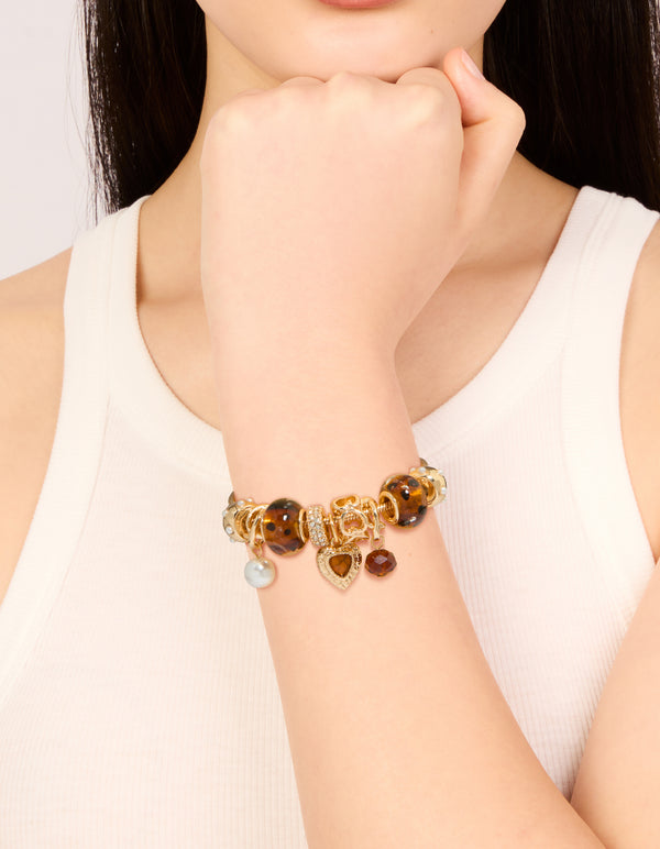 Gold Tortoiseshell Beads & Heart Charm Toggle Bracelet