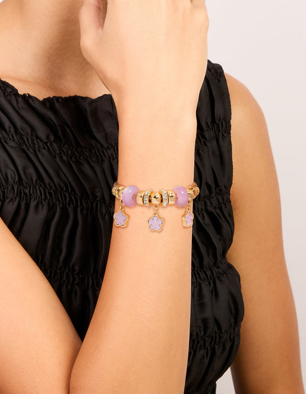 Gold Lilac Triple Flower Charm Toggle Bracelet