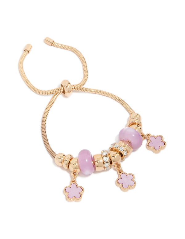 Gold Lilac Triple Flower Charm Toggle Bracelet
