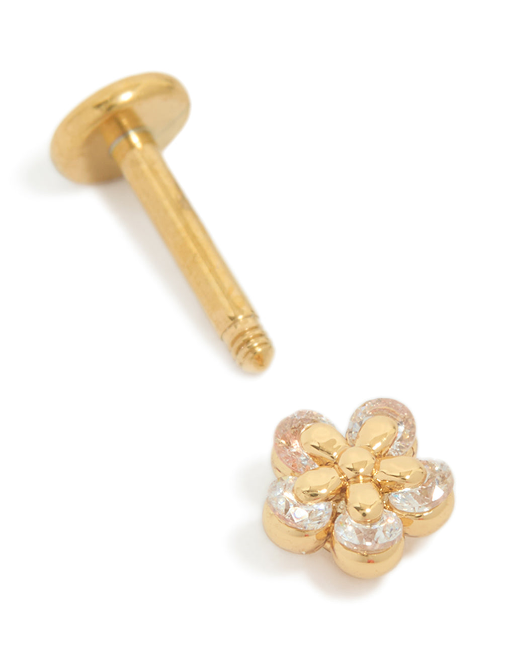 Featuring a dainty floral stud earring in gold plated titanium with cubic zirconia and flat back closure detail view