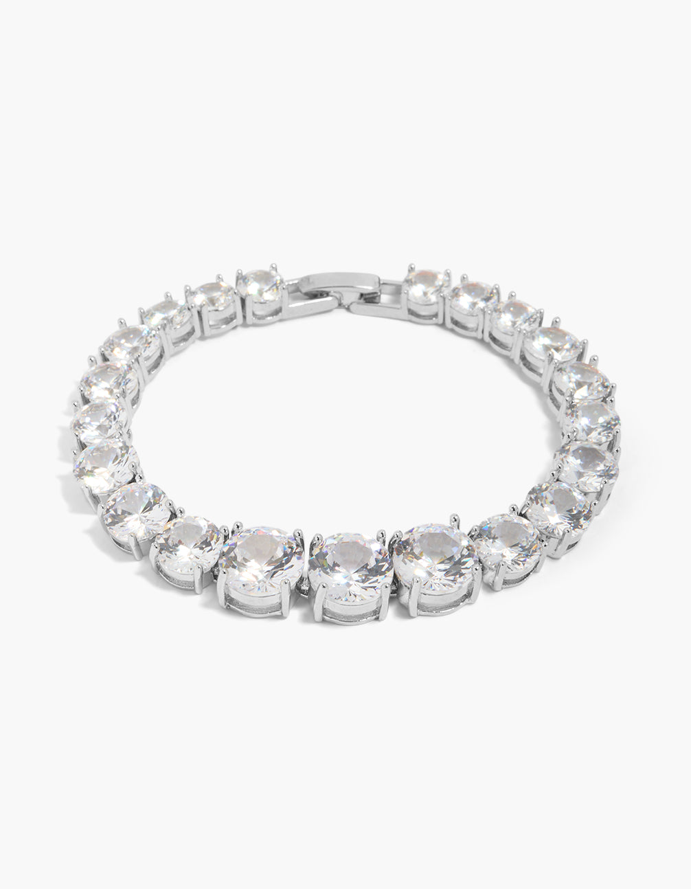 Featuring a cubic zirconia large statement tennis bracelet in silver front view