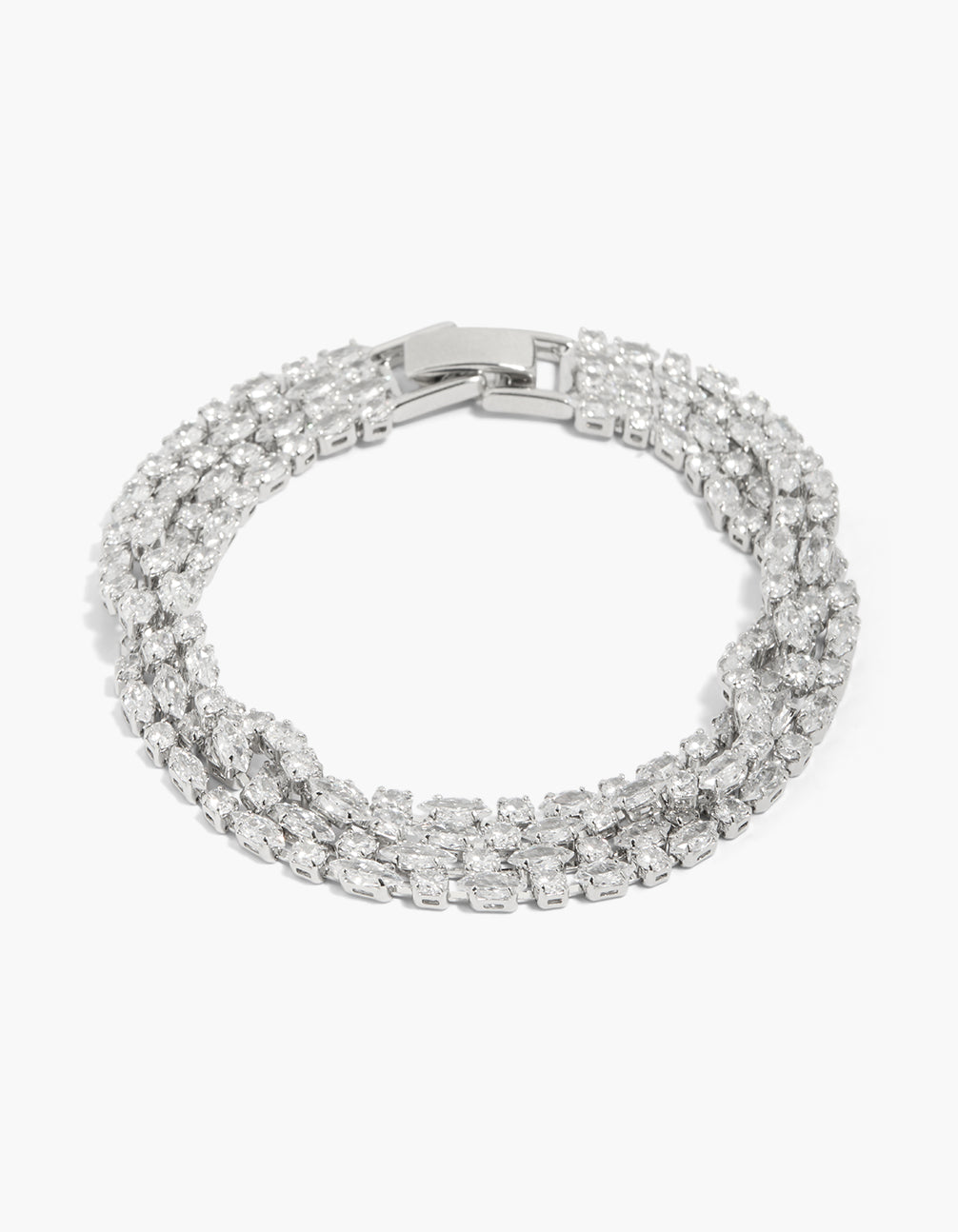 Showcasing a multi strand tennis bracelet with cubic zirconia in silver front view