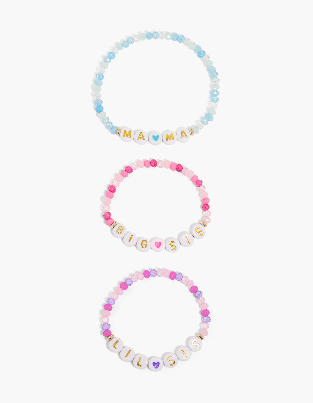 Showcasing Kids Mum & Sister Stretch Bracelets 3-Pack with beads, heart details, script lettering in pink, white, light blue, and yellow front view
