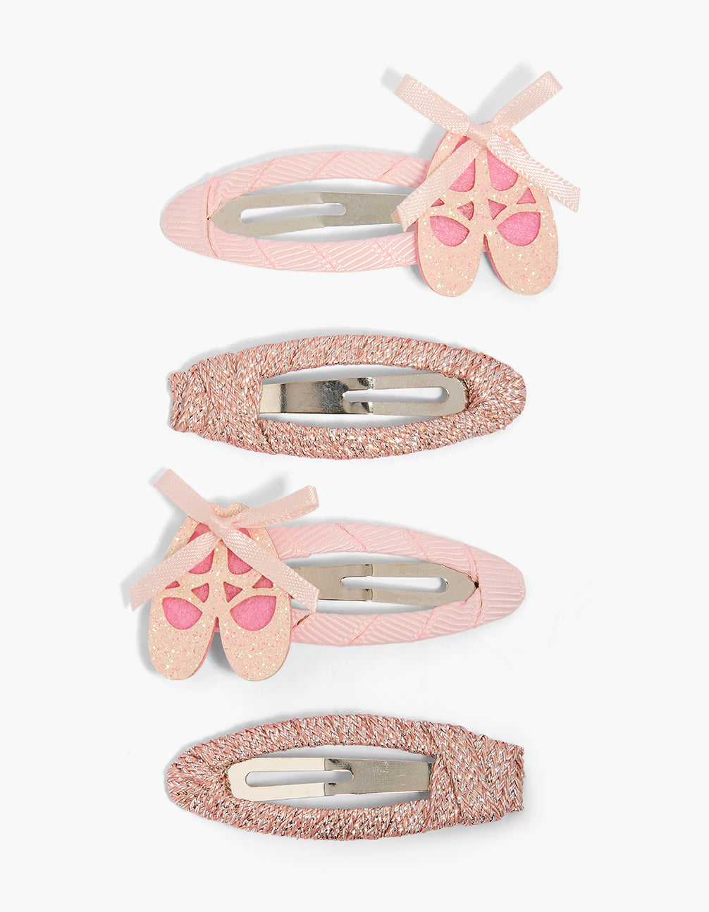 Charming kids ballet slipper snap clips 4-pack featuring bow glitter solid pink front view
