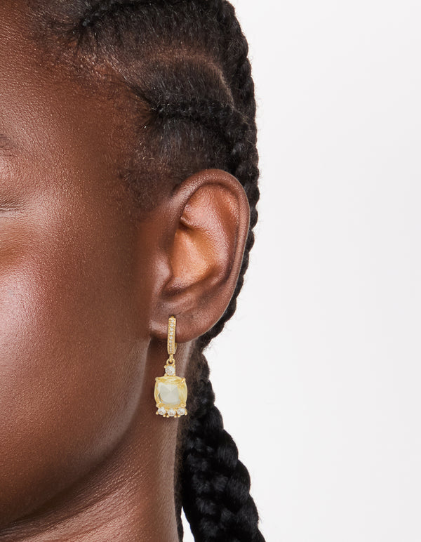 Gold Plated Cubic Zirconia Yellow Square Drop Huggie Earrings