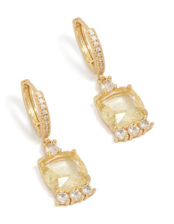 Gold Plated Cubic Zirconia Yellow Square Drop Huggie Earrings