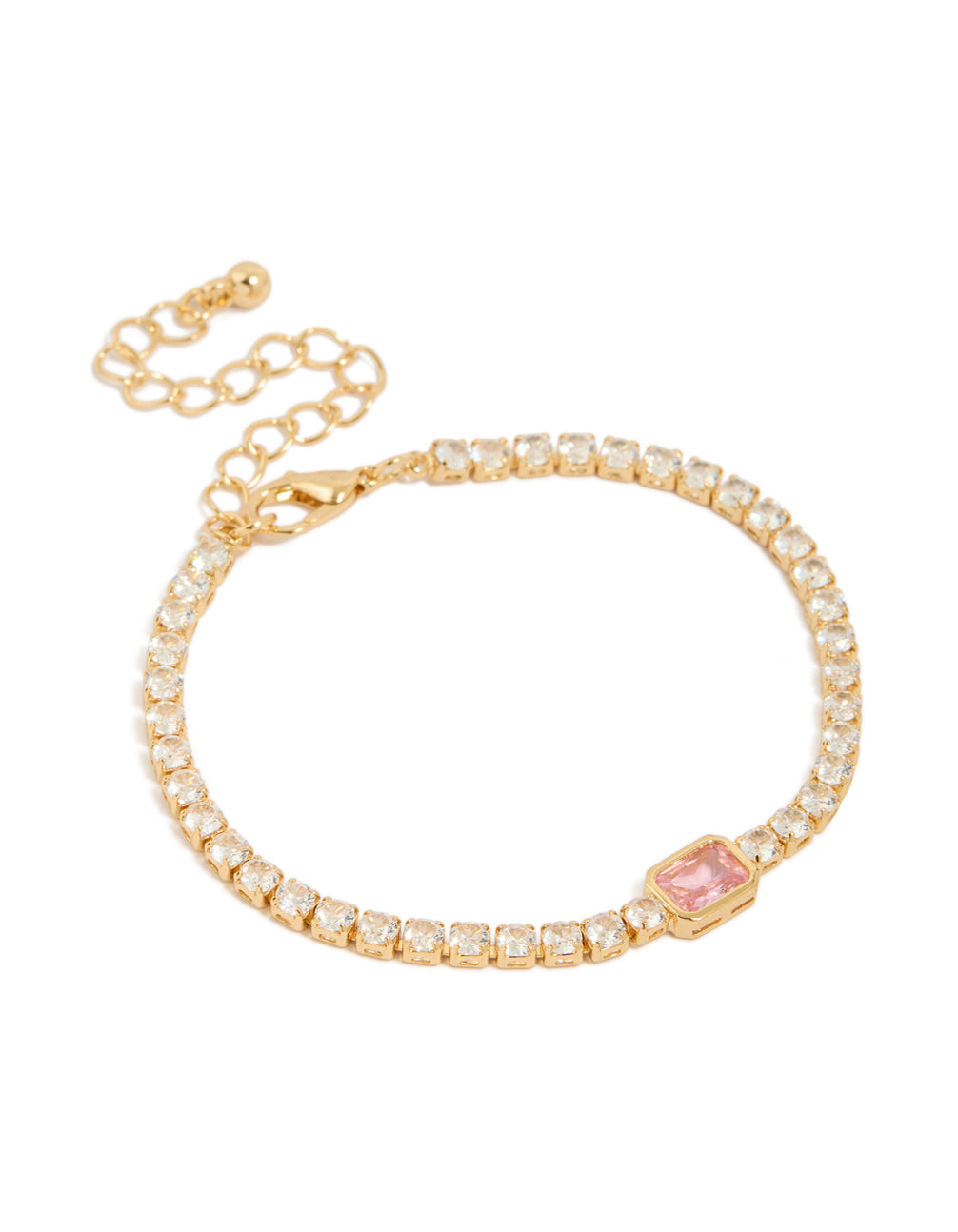 Showcasing a gold plated pink cubic zirconia baguette tennis bracelet with crystal accents front view