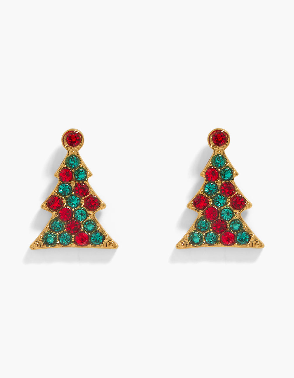 Showcasing waterproof gold plated stainless steel pave set diamante Christmas tree stud earrings with red and teal stones front view