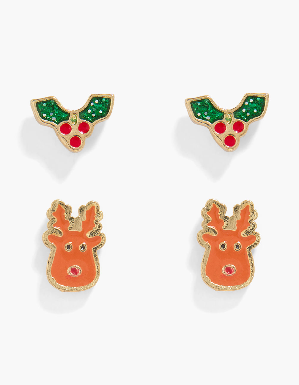 Featuring waterproof stainless steel holly and animal reindeer stud earrings in a 2-pac, glitter accents, and enamel finish in gold, green, red, and orange front view