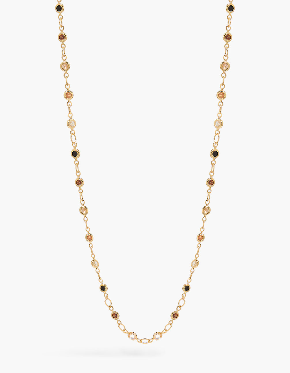 Discover this flat station necklace crafted from gold plated material featuring multicoloured cubic zirconia front view