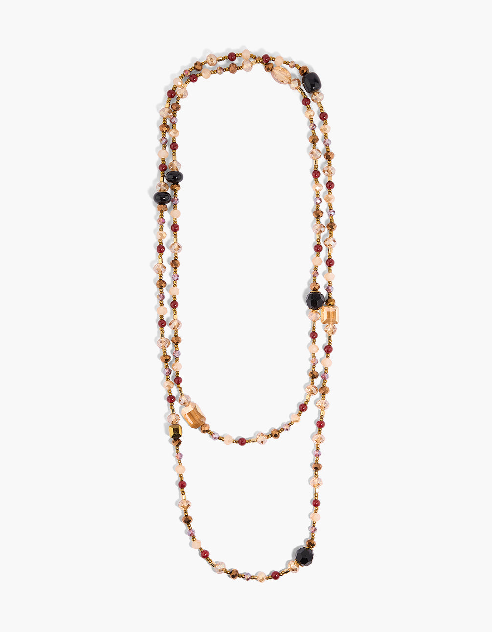 Discover a gold long beaded layered necklace featuring maroon and black details front view