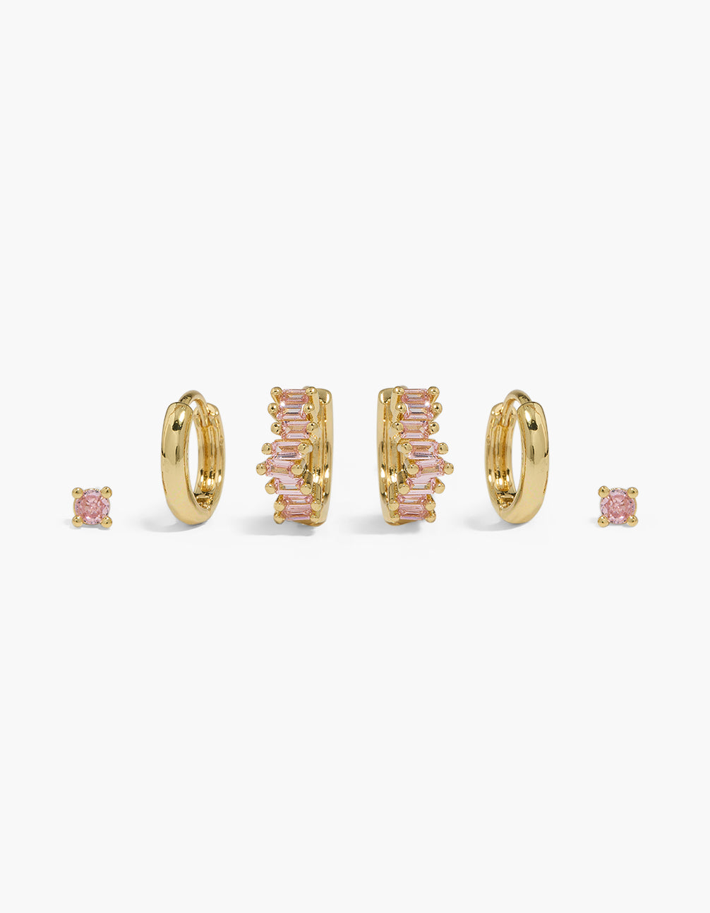 Gold Plated Pink Cubic Zirconia Baguette Huggie & Stud Earrings 3-Pack