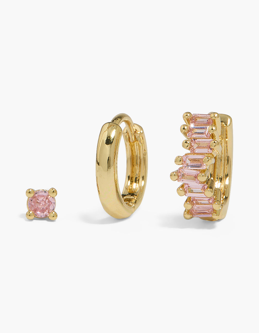 Gold Plated Pink Cubic Zirconia Baguette Huggie & Stud Earrings 3-Pack