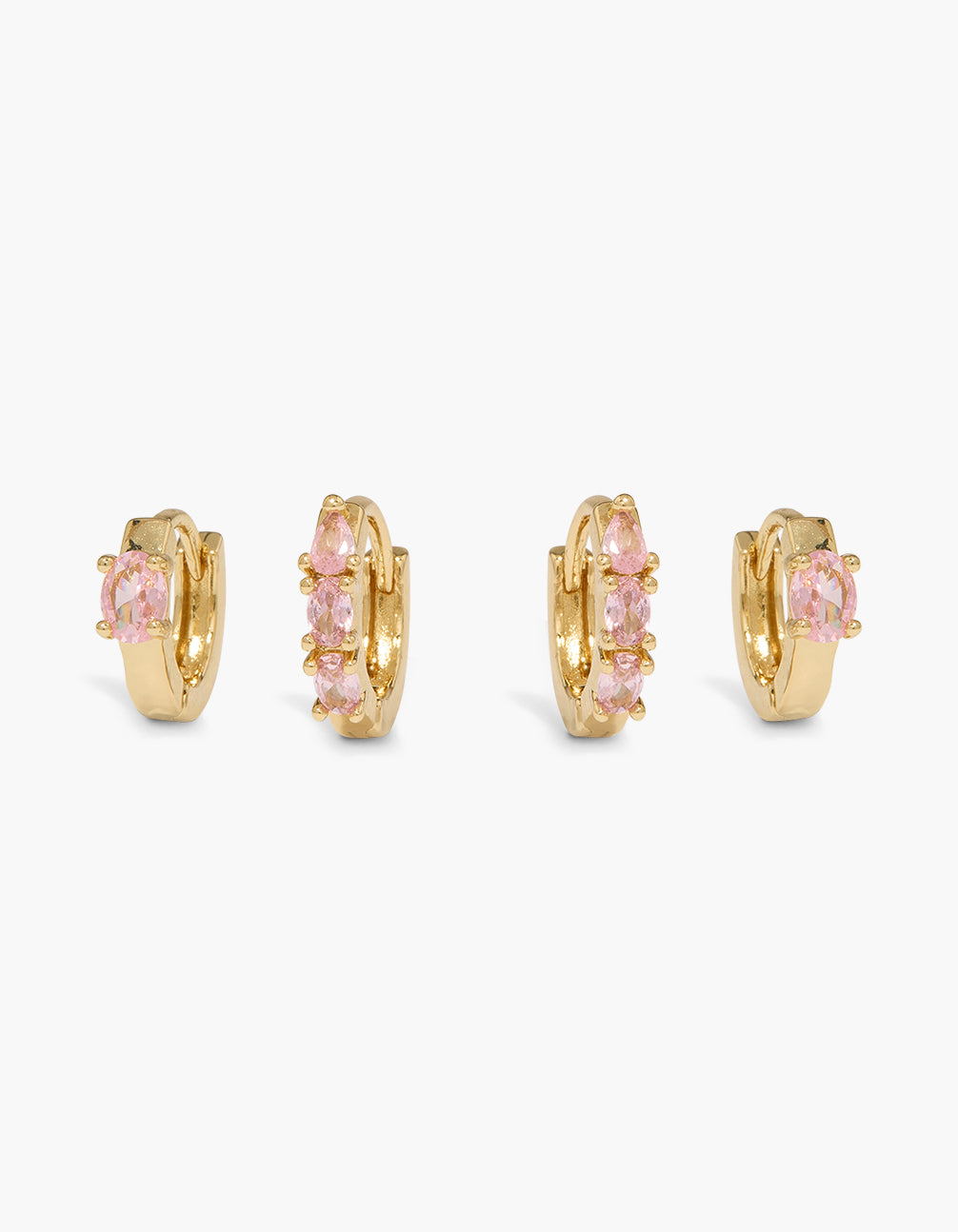 Showcasing dainty gold plated pink cubic zirconia huggie earrings in a 2-pack front view