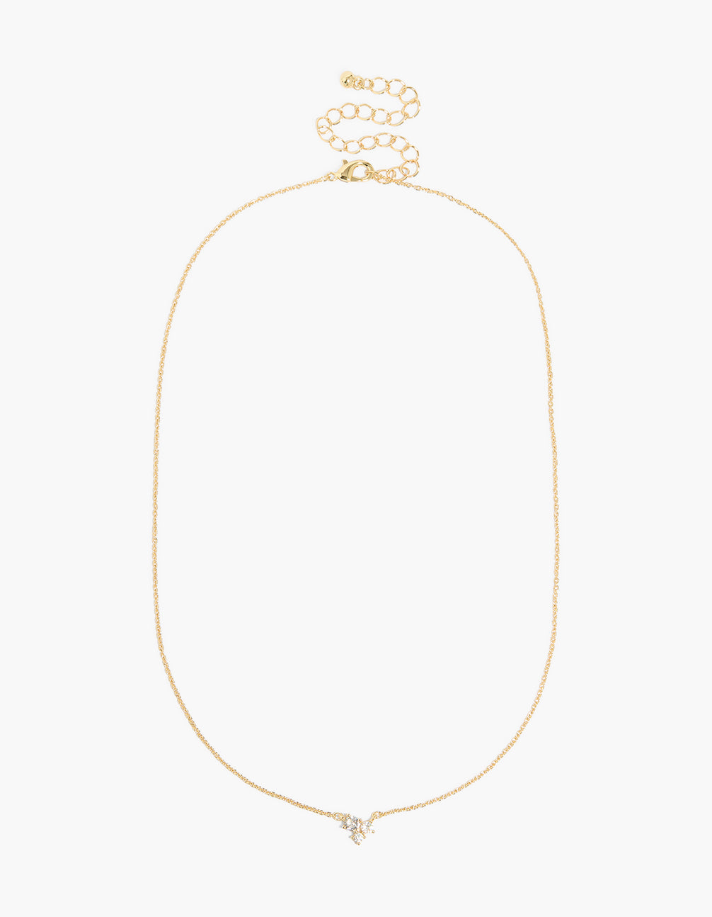 Featuring a gold plated cubic zirconia round trio pendant necklace with clasp detail view