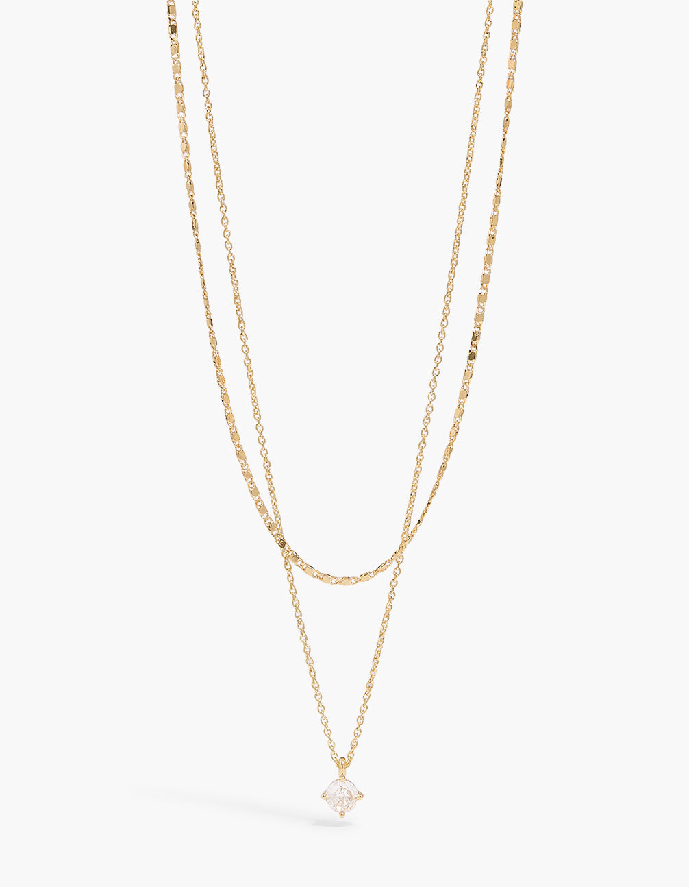 Showcasing a gold plated necklace with round cubic zirconia pendant in a 2-pack set close up view
