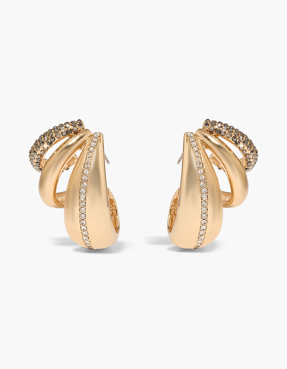 Featuring gold diamante layered illusion hoop earrings with statement closure front view