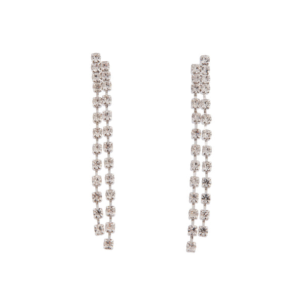 Silver Long Double Row Diamante Drop Earrings