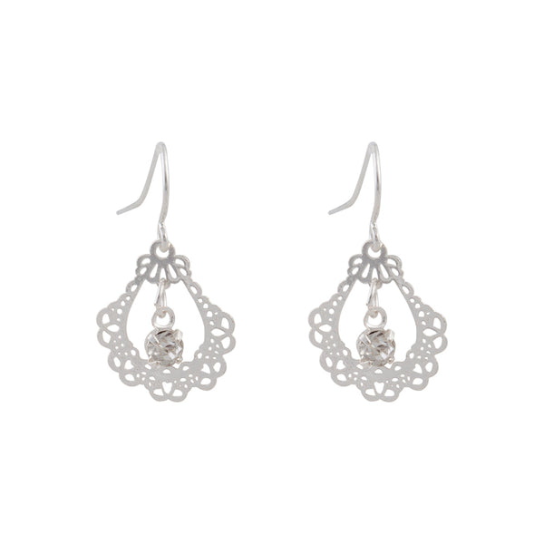 Ornate Silver Drop Earrings With Centre Diamante