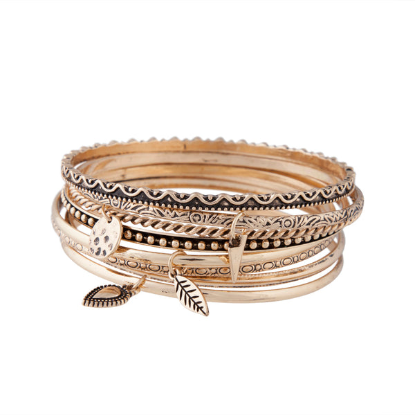 Gold Etched Coin Charm Bangle Pack