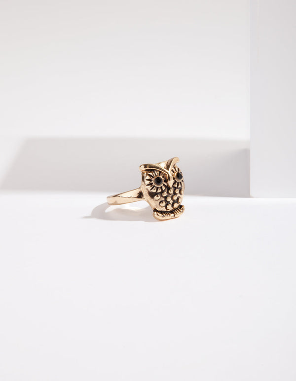 Antique Gold Small Owl Ring