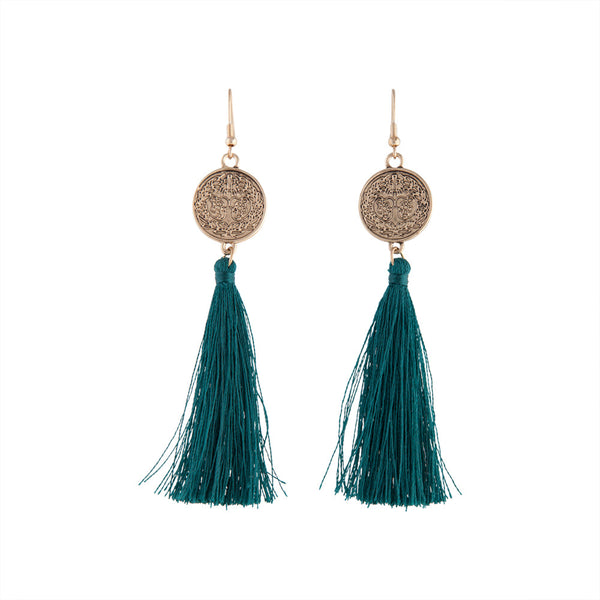 Green Antique Gold Etched Coin Tassel Earrings