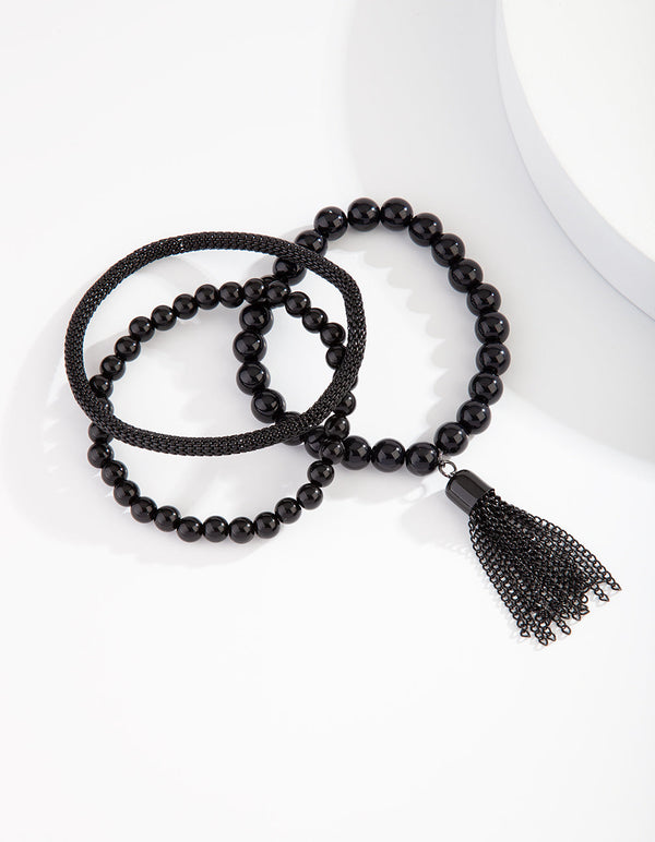 Black Facet Bead Mesh Bracelet Set